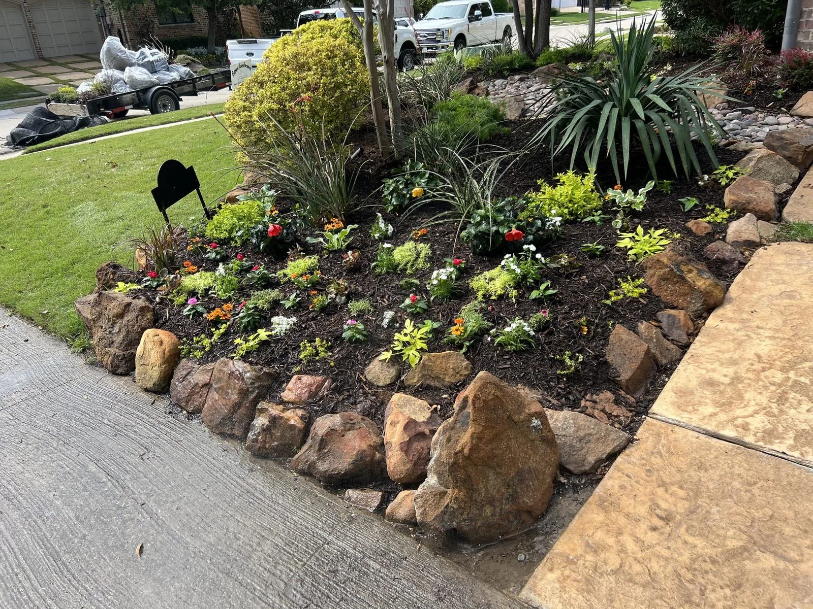 Frisco Landscapes flower bed installation in Plano, TX with natural stone borders and new plants