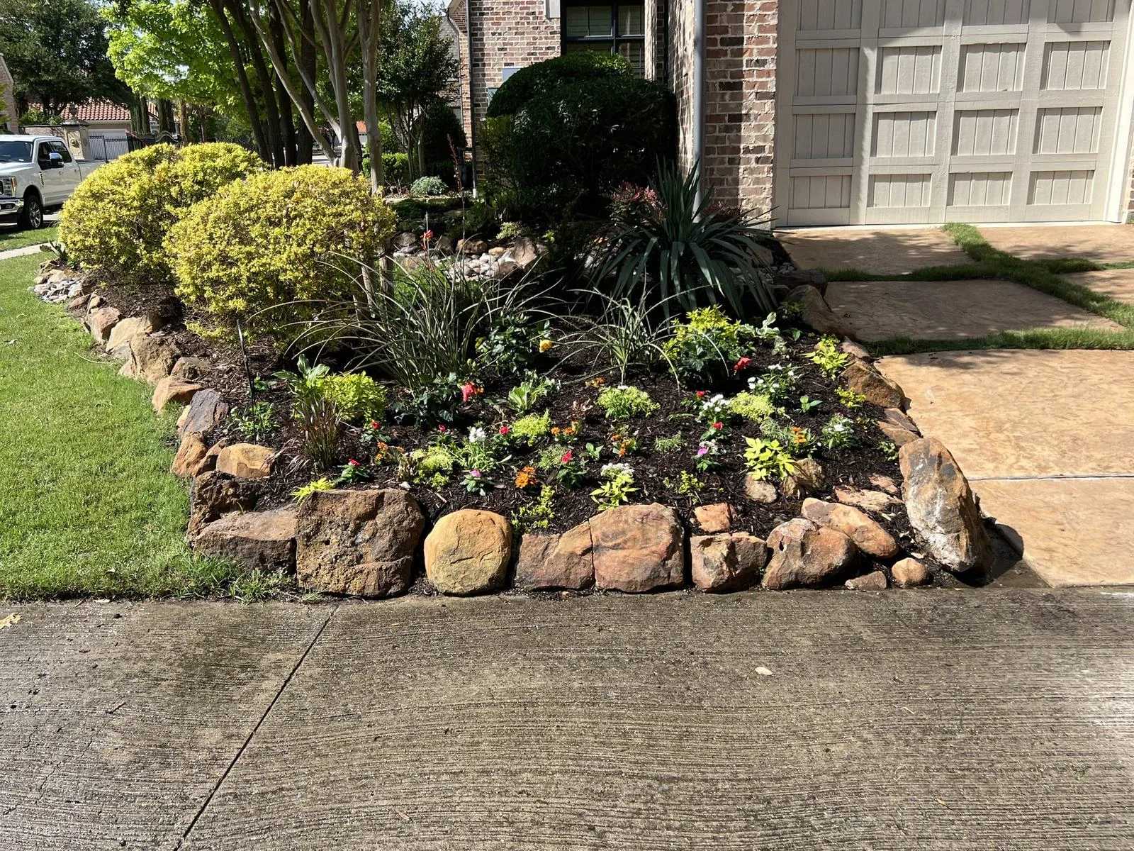 Landscaped Plano, TX corner bed beneath mature trees with shaped shrubs and natural stone edging